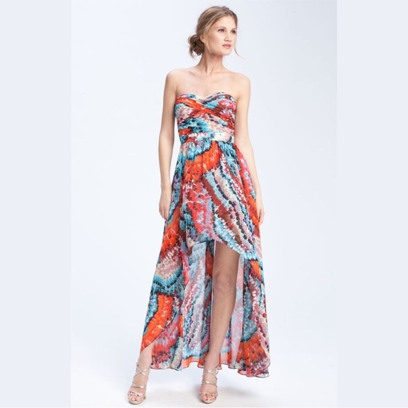 Aidan Mattox Hi Low Feather Print Strapless Chiffon Maxi Dress, size 4 - Picture 7 of 15